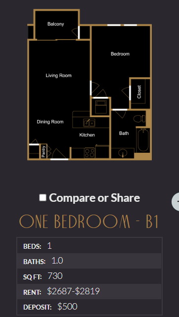 Floor plan for 1 bed, 1 bath, 758 sqft